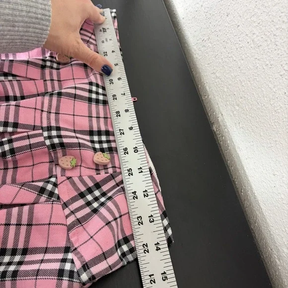 Y2K Hot Topic Baby Pink Strawberry Button Lace Detail Pink Plaid Mini Skirt SM - Picture 7 of 8